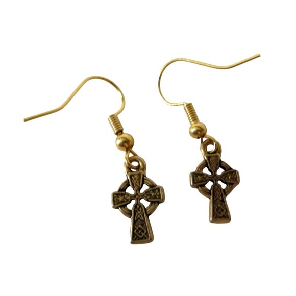 New Gold Celtic Cross Dangle Earrings on Goldtone Ear Wires - Picture 3 of 6
